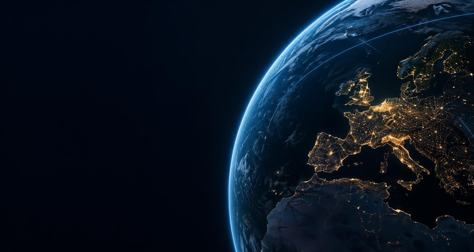 Earth at night, with illuminated cities across the UK and Europe and subtle global connections